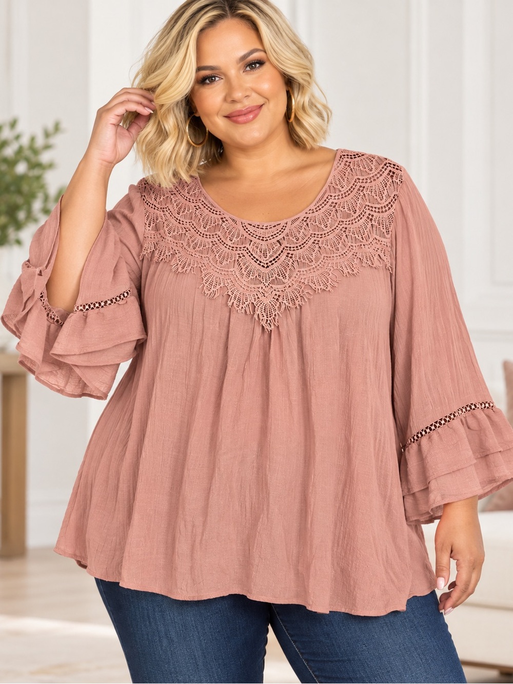 Title: Fig + Flower 3X Dusty Rose Lace Boho Tunic Blouse Bell Sleeve
